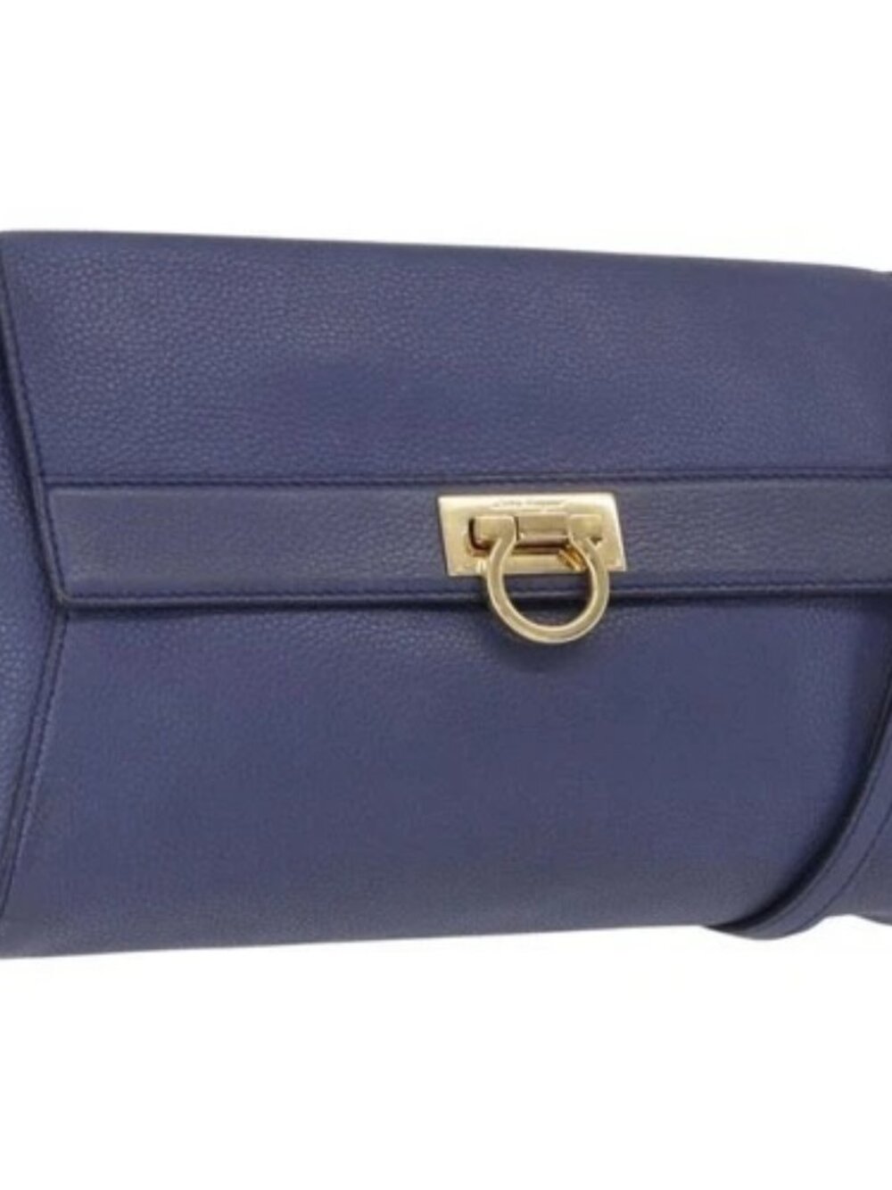 Salvatore Ferragamo Gancini Shoulder Bag Leather Navy Gold Auth 167996